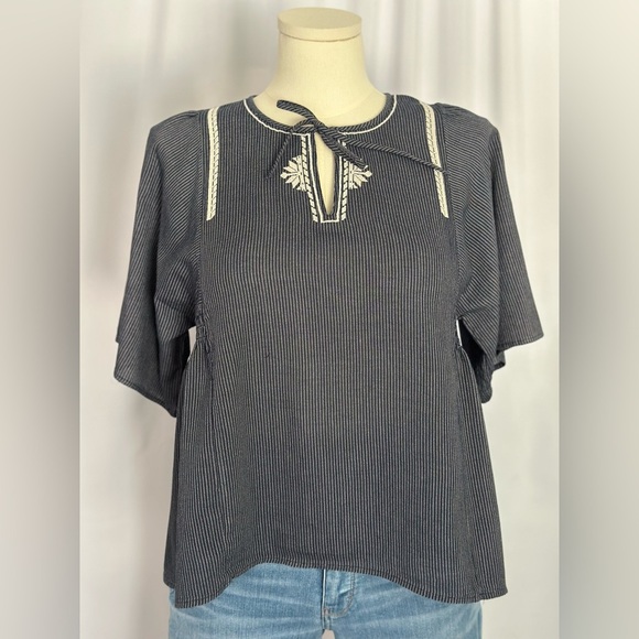 Banana Republic Striped Tie-Neck Embroidered Blouse (853) - Picture 1 of 15